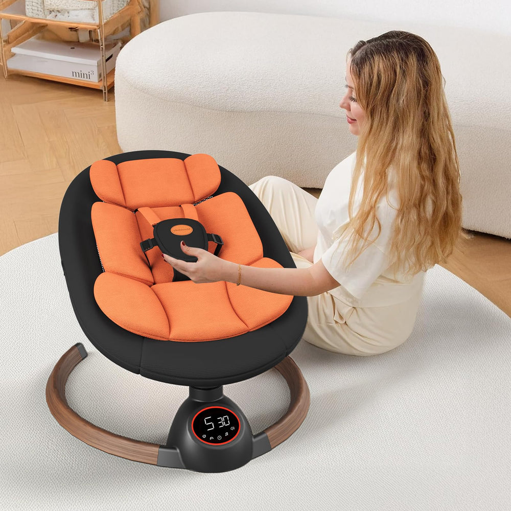Monniebaby portable swing is compact for travel and storage.