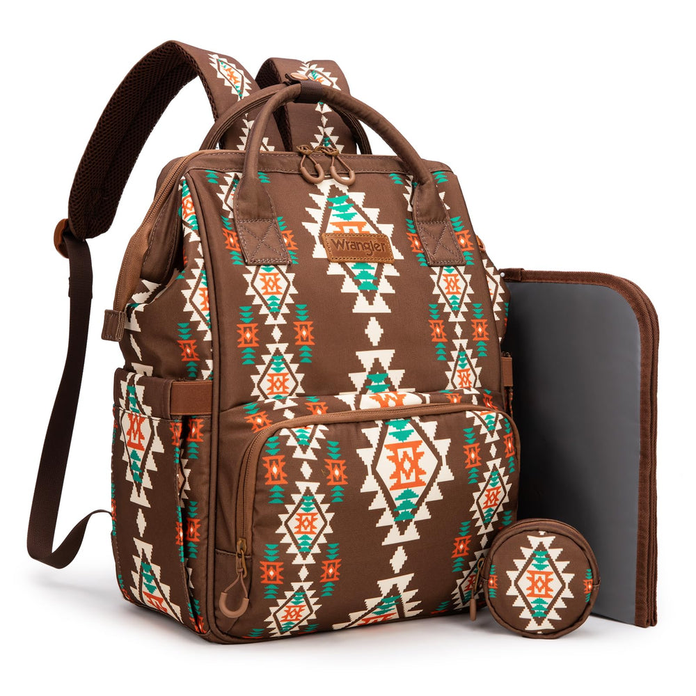 Montana West Wrangler diaper bag in Aztec pattern, stylish travel-ready backpack for moms.