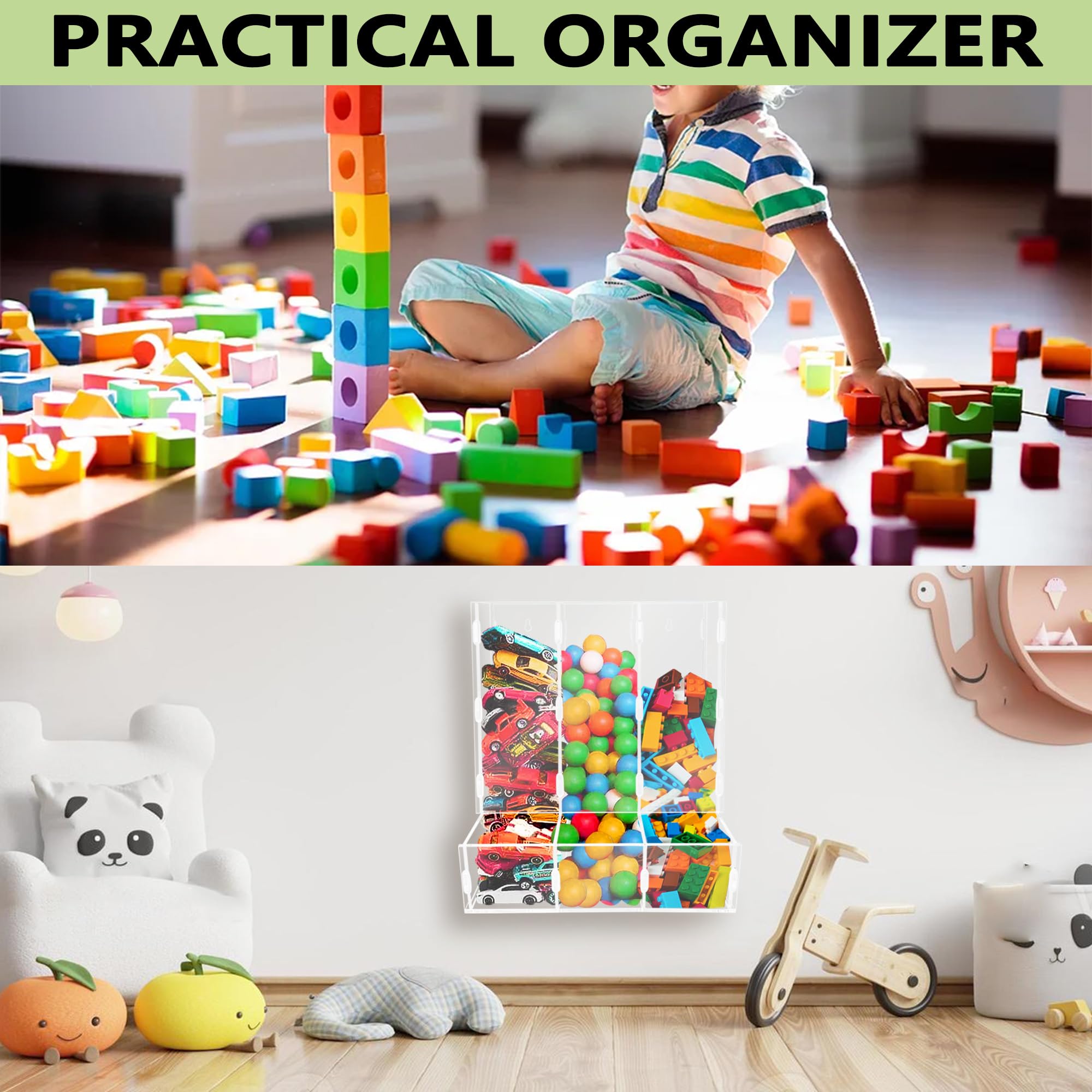 Montex acrylic wall toy dispenser hanging setup shows a wall mounting option for space saving