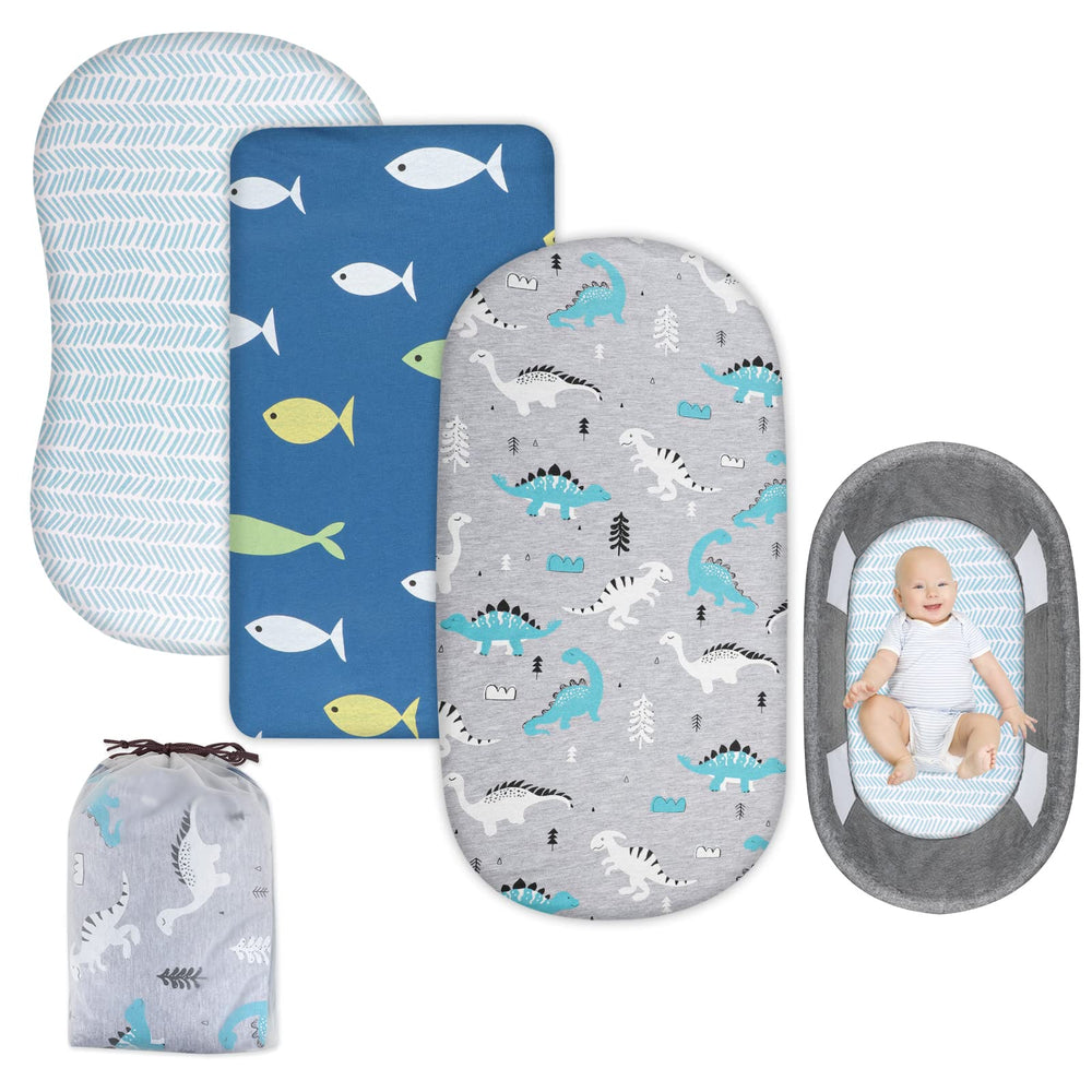 MooMoo Baby fitted bassinet sheets on a 32x16x3 mattress, snug and secure.