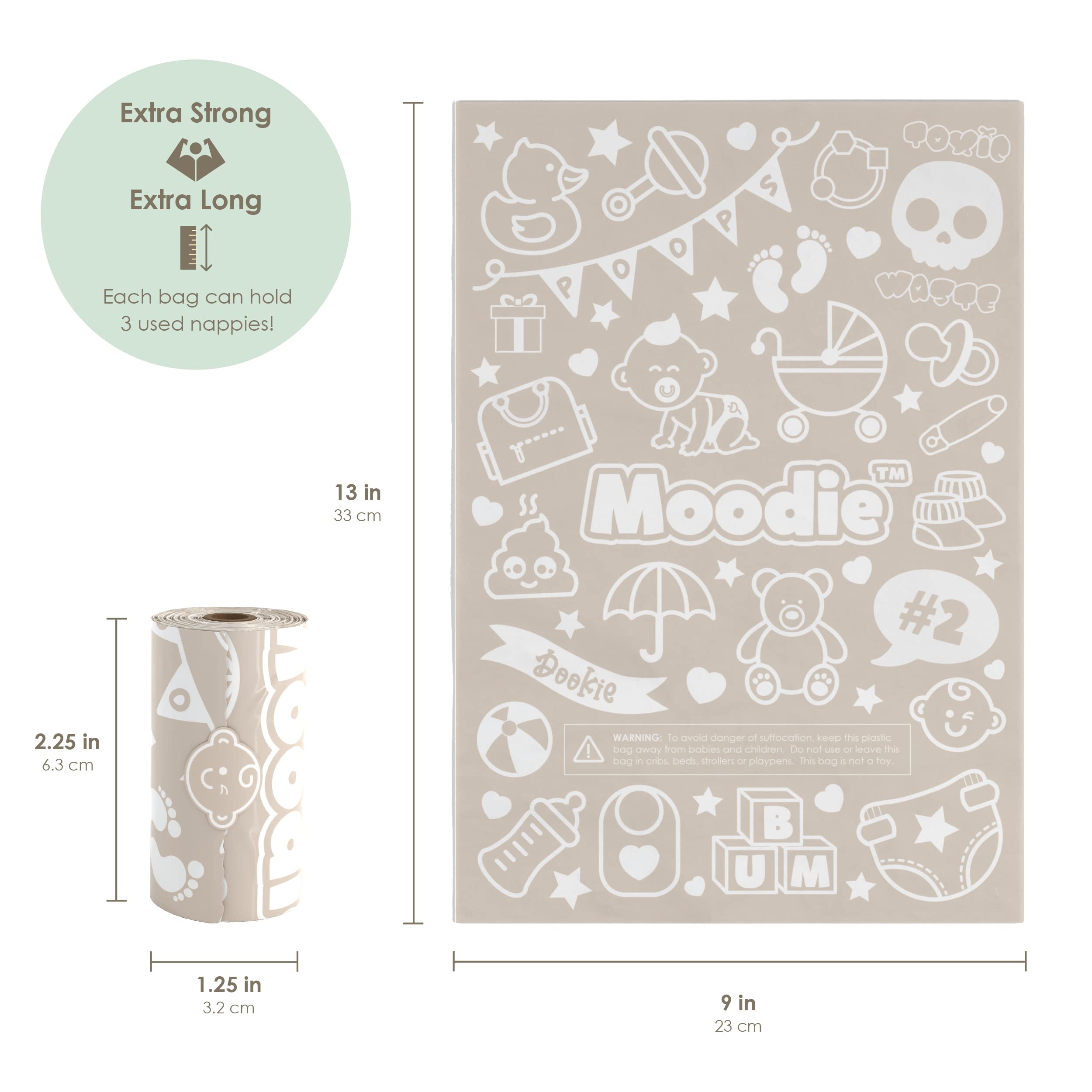 Moodie 9x13 inch bags sized for 1-3 soiled diapers.