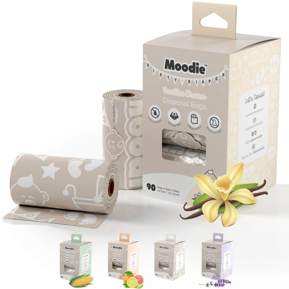 Moodie vanilla-scented diaper disposal bags refill rolls ready for quick changes