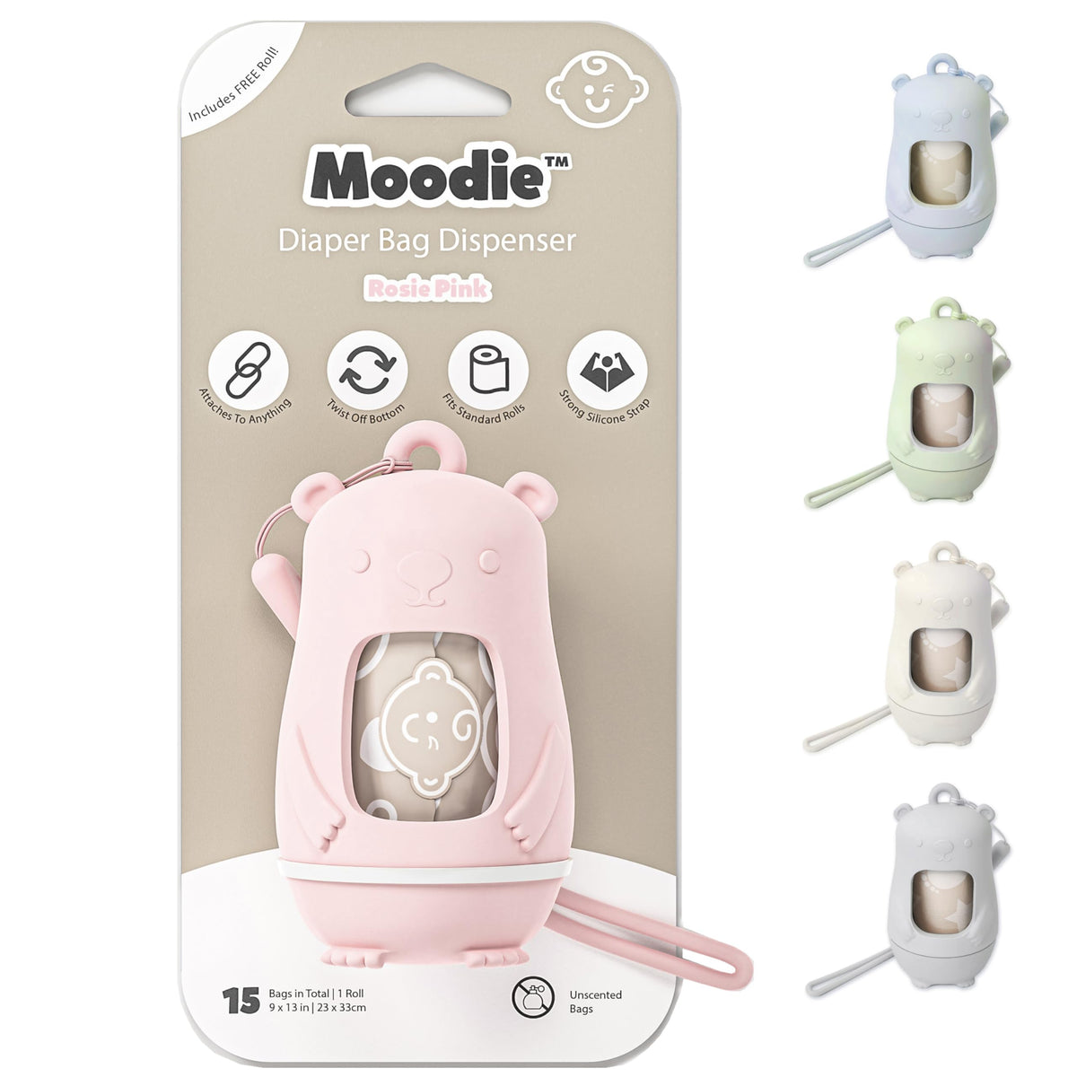 Moodie Teddy Bear Dispenser pink closeup for quick diaper changes on the go