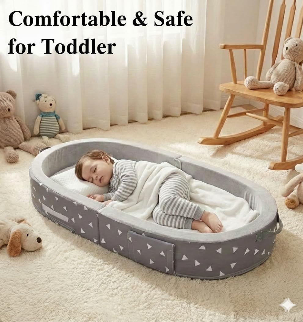 Mooedcoe portable foldable toddler bed unfolded, ready for sleep.