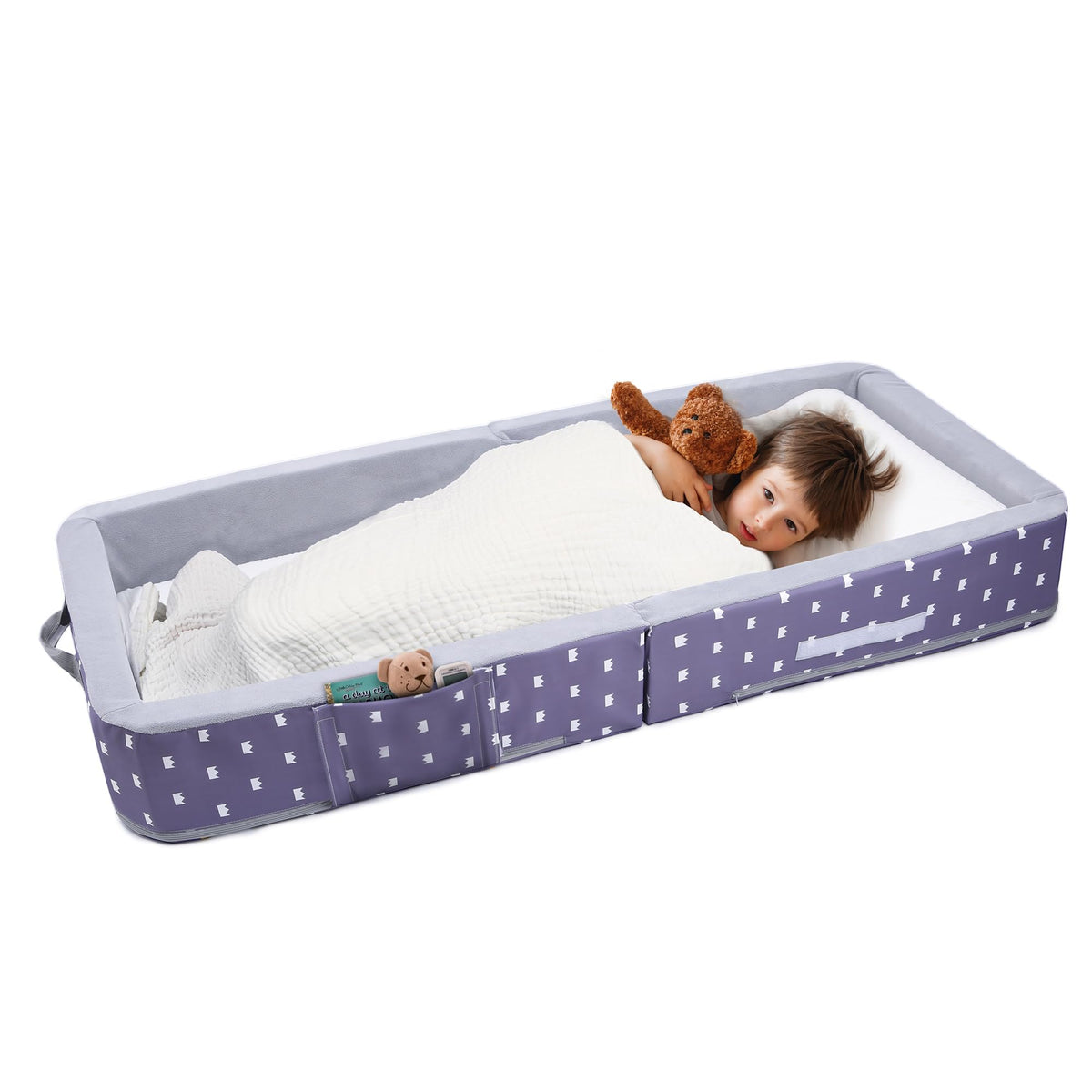 Mooedcoe toddler travel bed folded for easy packing and quick setup on the go.