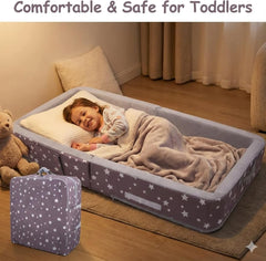 Mooedcoe toddler travel bed unfolded, showing ample sleeping space for toddlers.