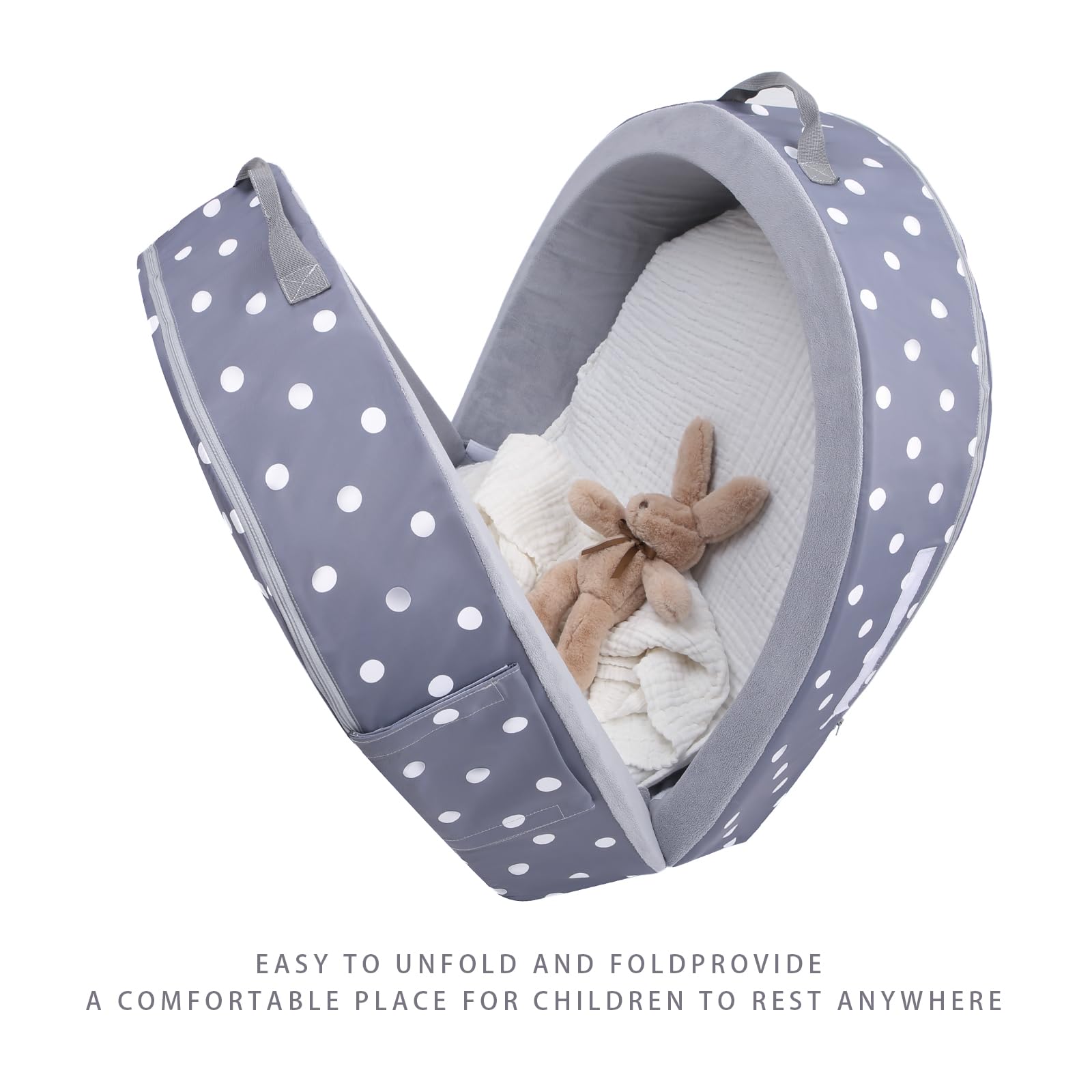 Mooedcoe travel bed in compact folded form for quick transport.