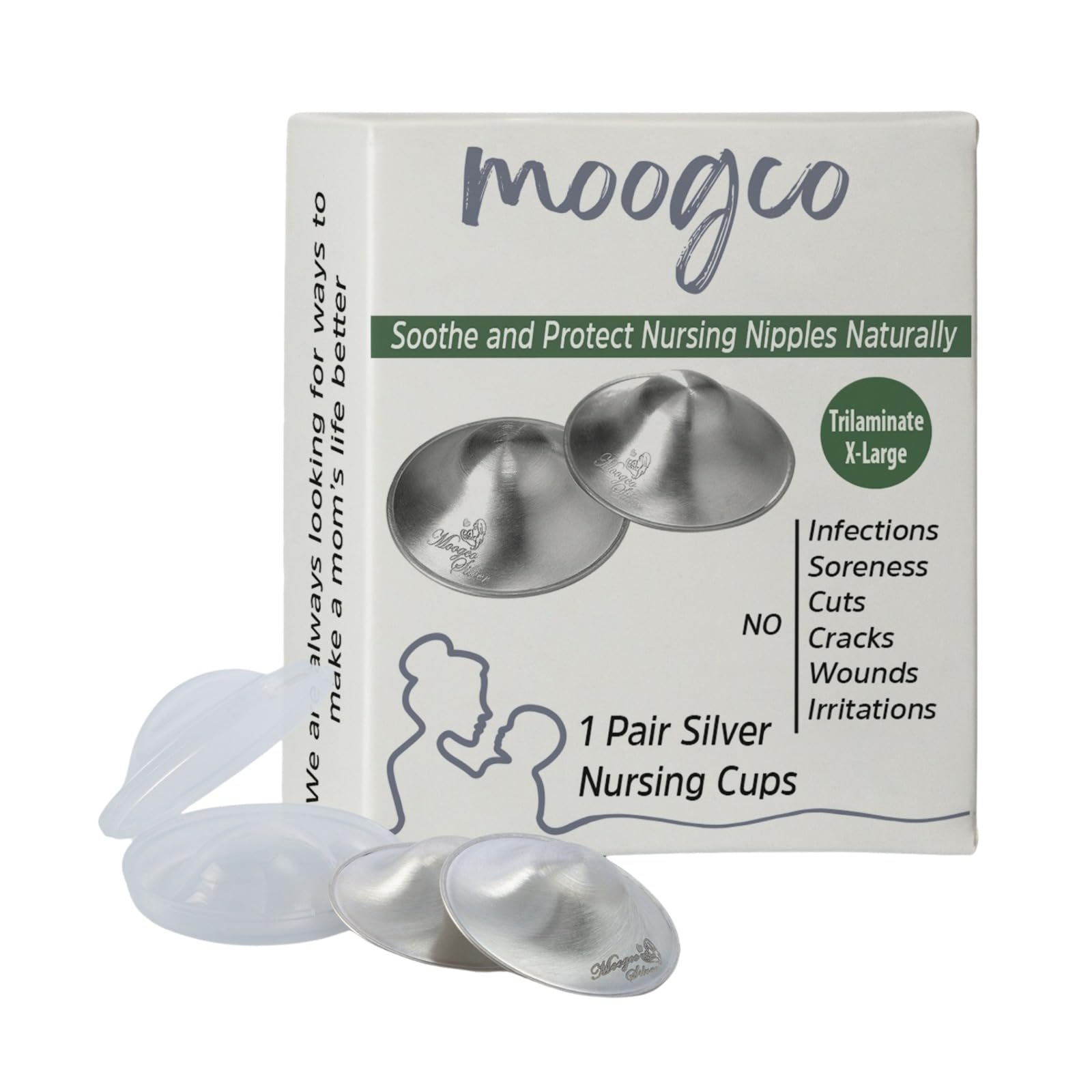 MOOGCO nursing cups trilaminate xlarge overview, a lightweight shield for breastfeeding comfort.