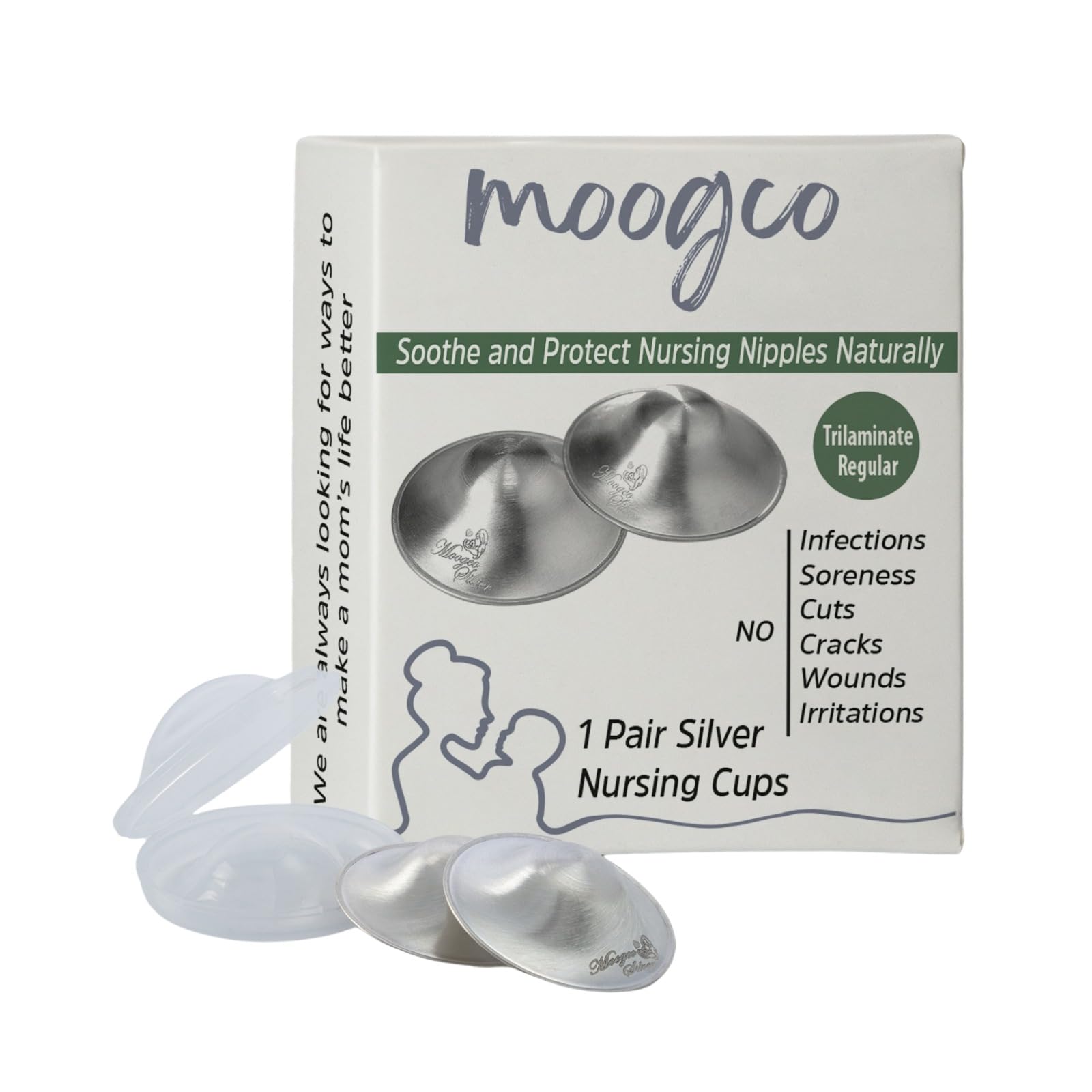 MOOGCO silver nursing cups exterior with a durable mirror finish for daily use.