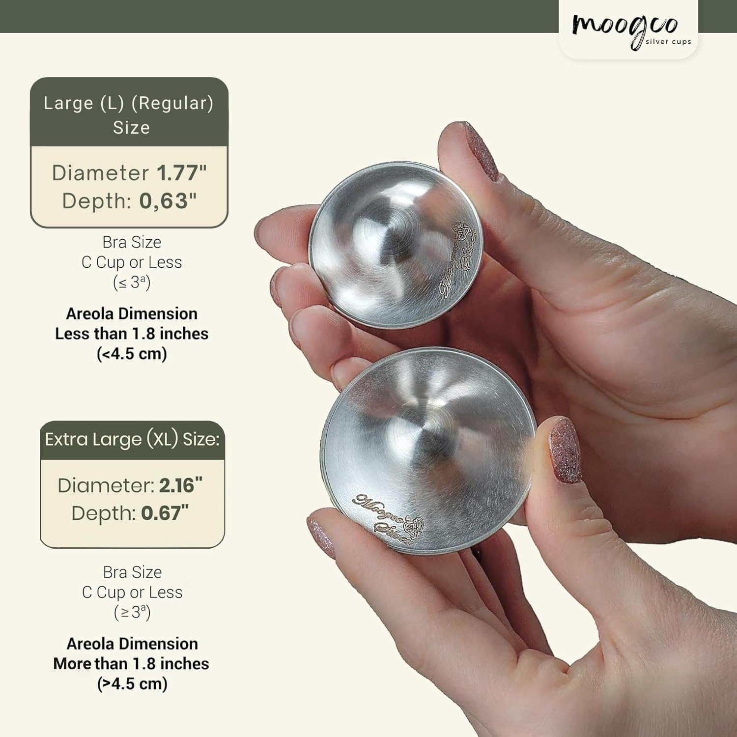 MOOGCO silver nipple cups closeup mirror finish, highlighting durable, premium shielding for daily nursing.
