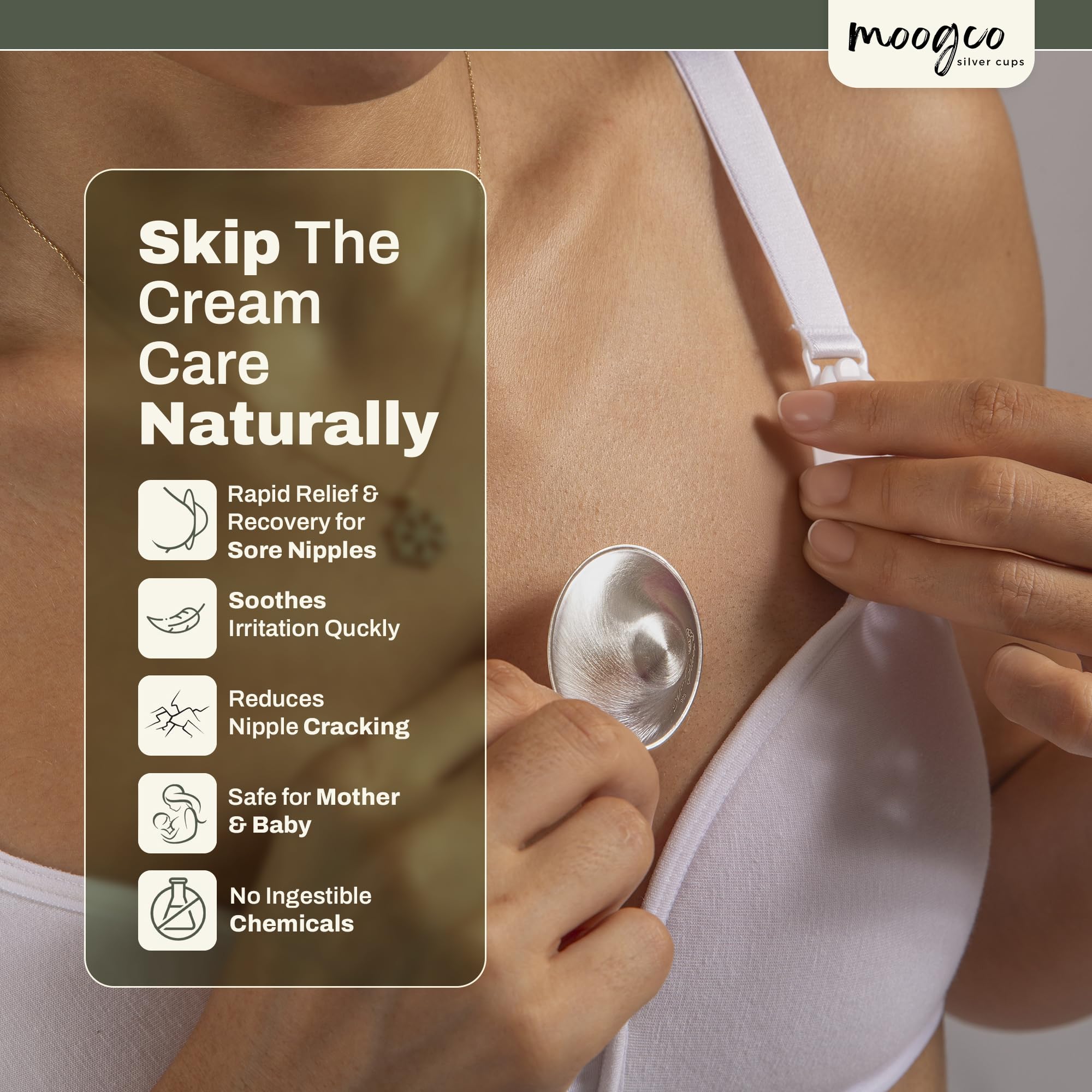 MOOGCO 999k silver nursing cups on breast during use for protection