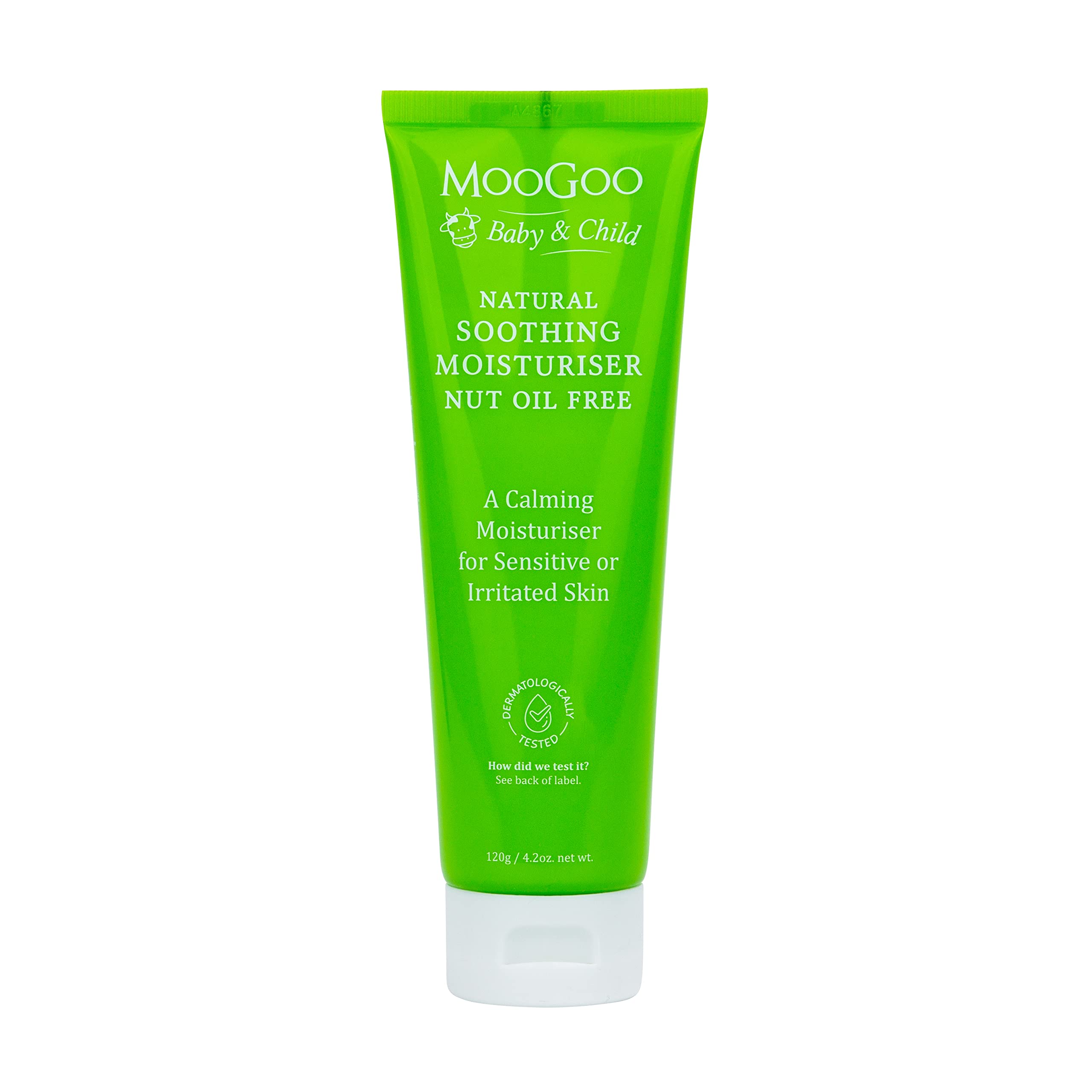 MooGoo Baby Soothing Moisturizer bottle shows nut-free formula for sensitive skin.