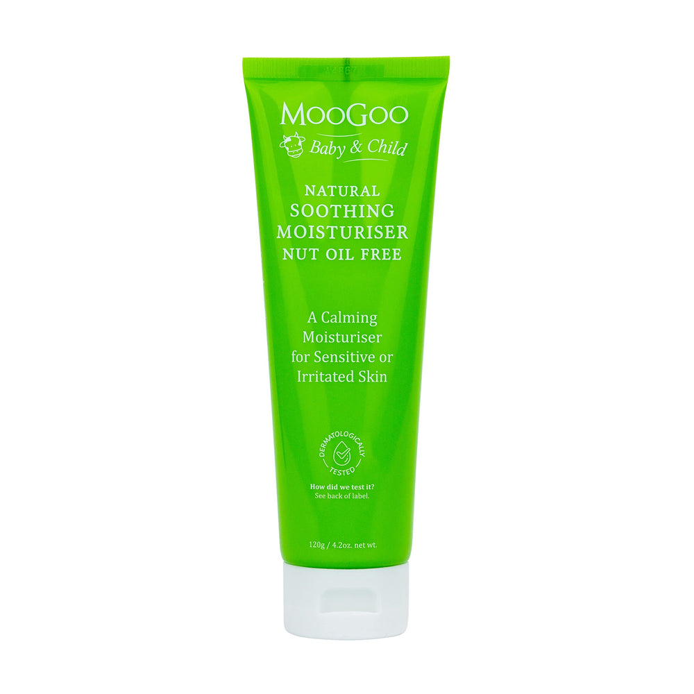 MooGoo Baby Soothing Moisturizer bottle shows nut-free formula for sensitive skin.