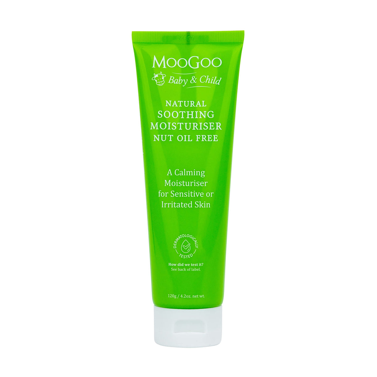 MooGoo Baby Soothing Moisturizer bottle shows nut-free formula for sensitive skin.