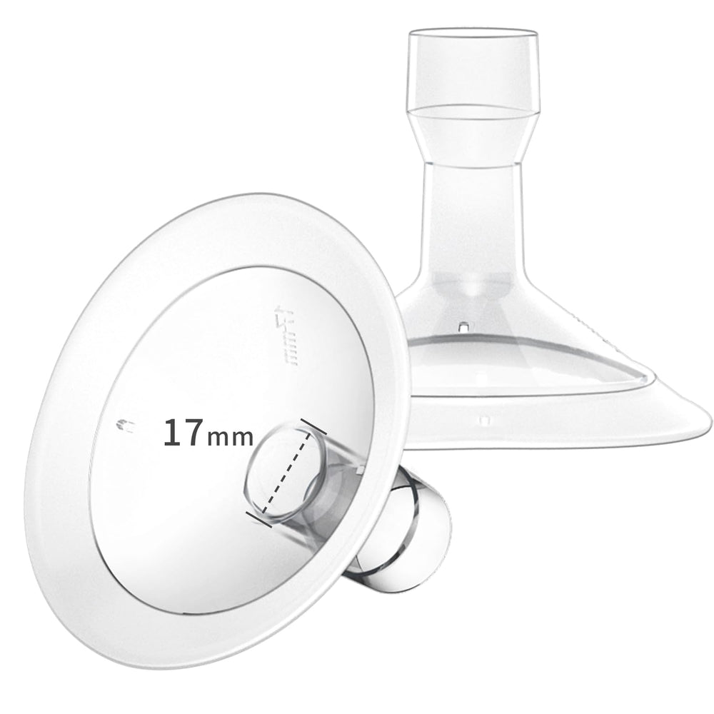 MOOMentaneous 17mm oval flange close-up showing comfortable fit for Medela-compatible pumps.