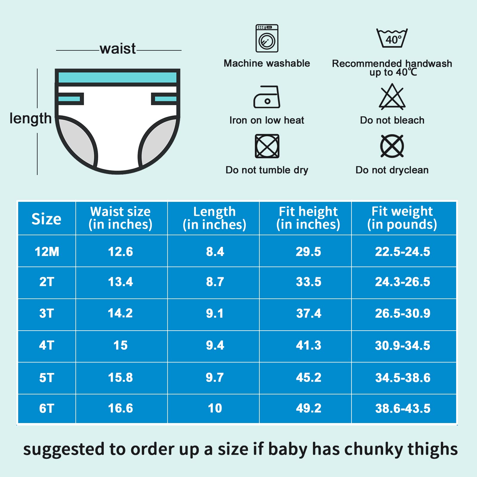 MooMoo Baby size guide covers 2T to 6T for growing toddlers.