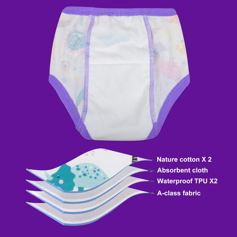 MooMoo Baby training pants water-resistant front and back demonstrate extra protection.
