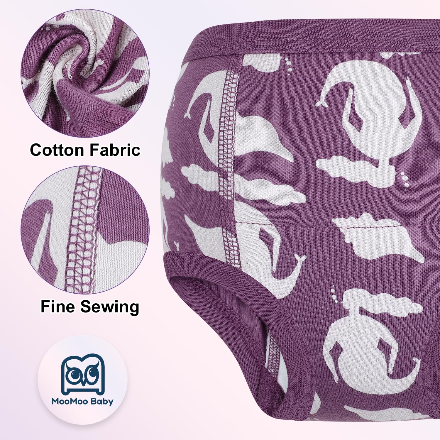 MooMoo Baby Training Underwear shows cotton outer and inner layers for skin-friendly wear.