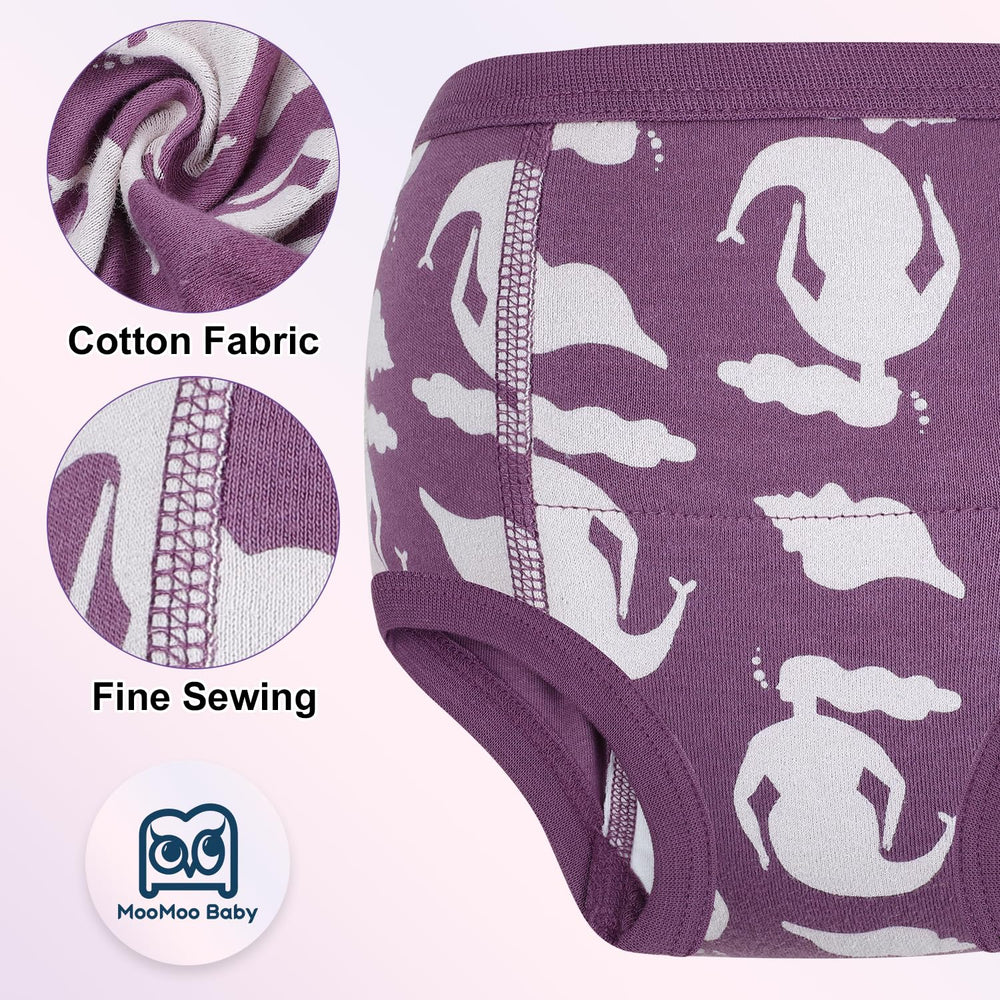 MooMoo Baby Training Underwear shows cotton outer and inner layers for skin-friendly wear.
