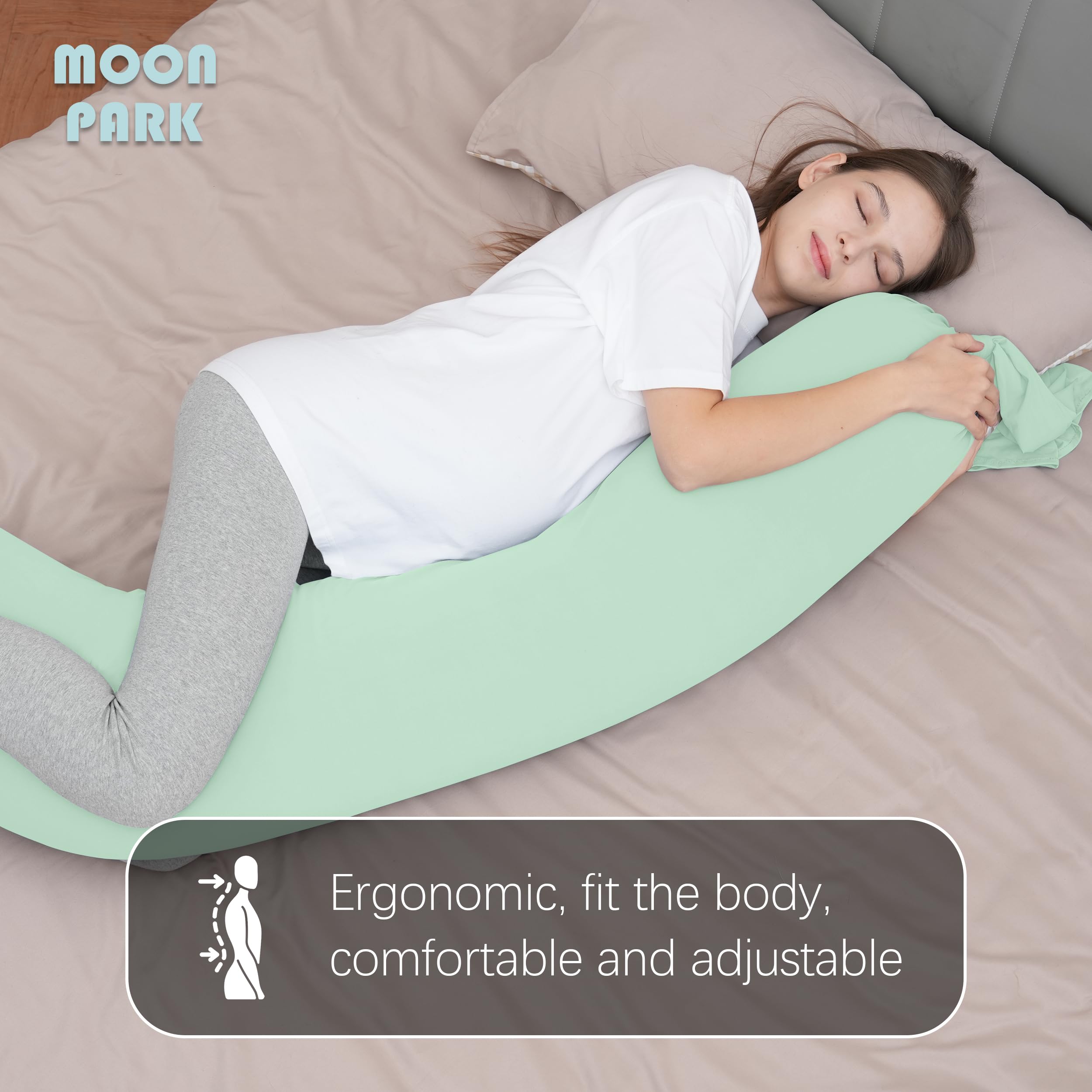 MOON PARK ergonomic I-shaped full-body pillow supports head, back, belly, and hips