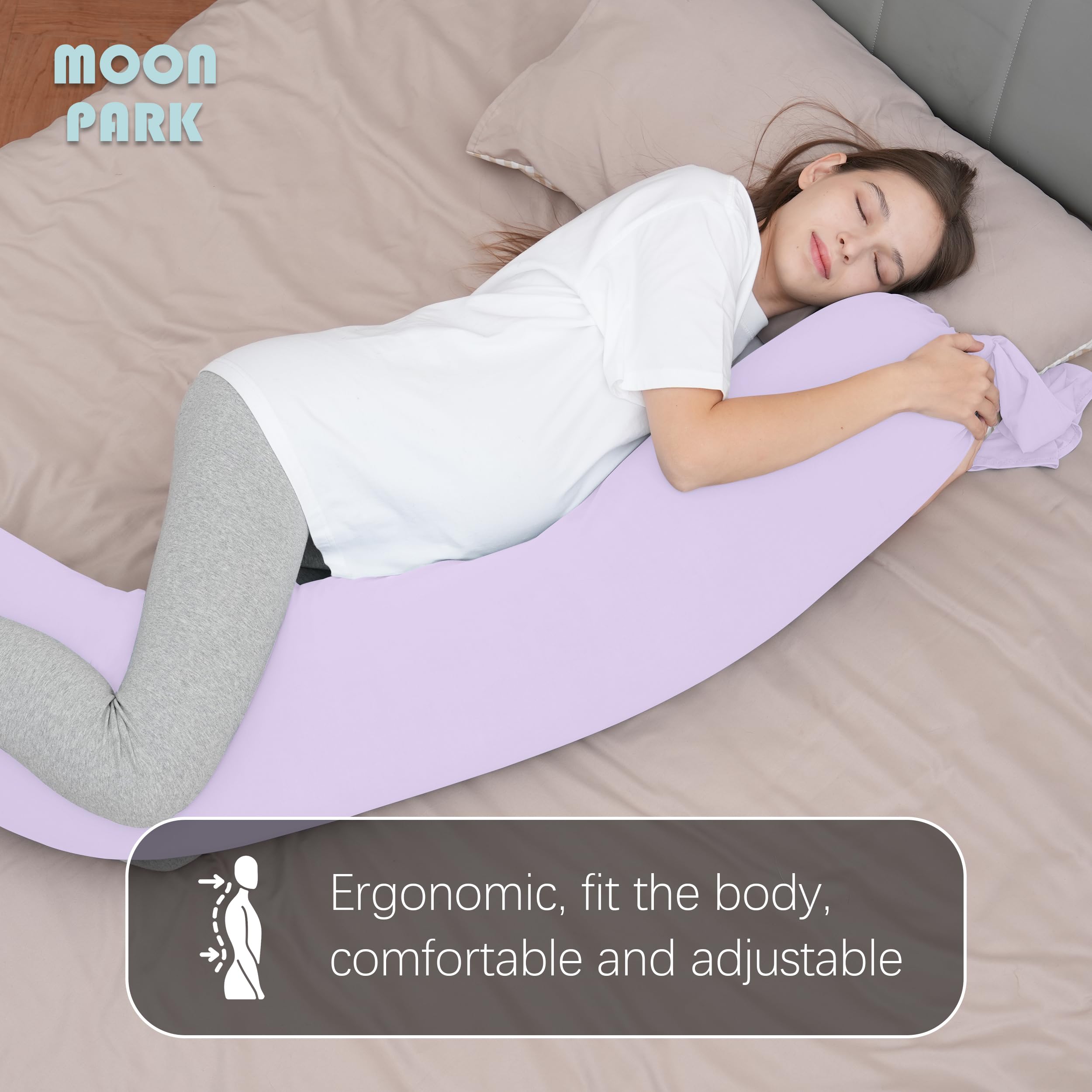 MOON PARK I-shaped pillow demonstrates ergonomic design for head-to-toe alignment during sleep.