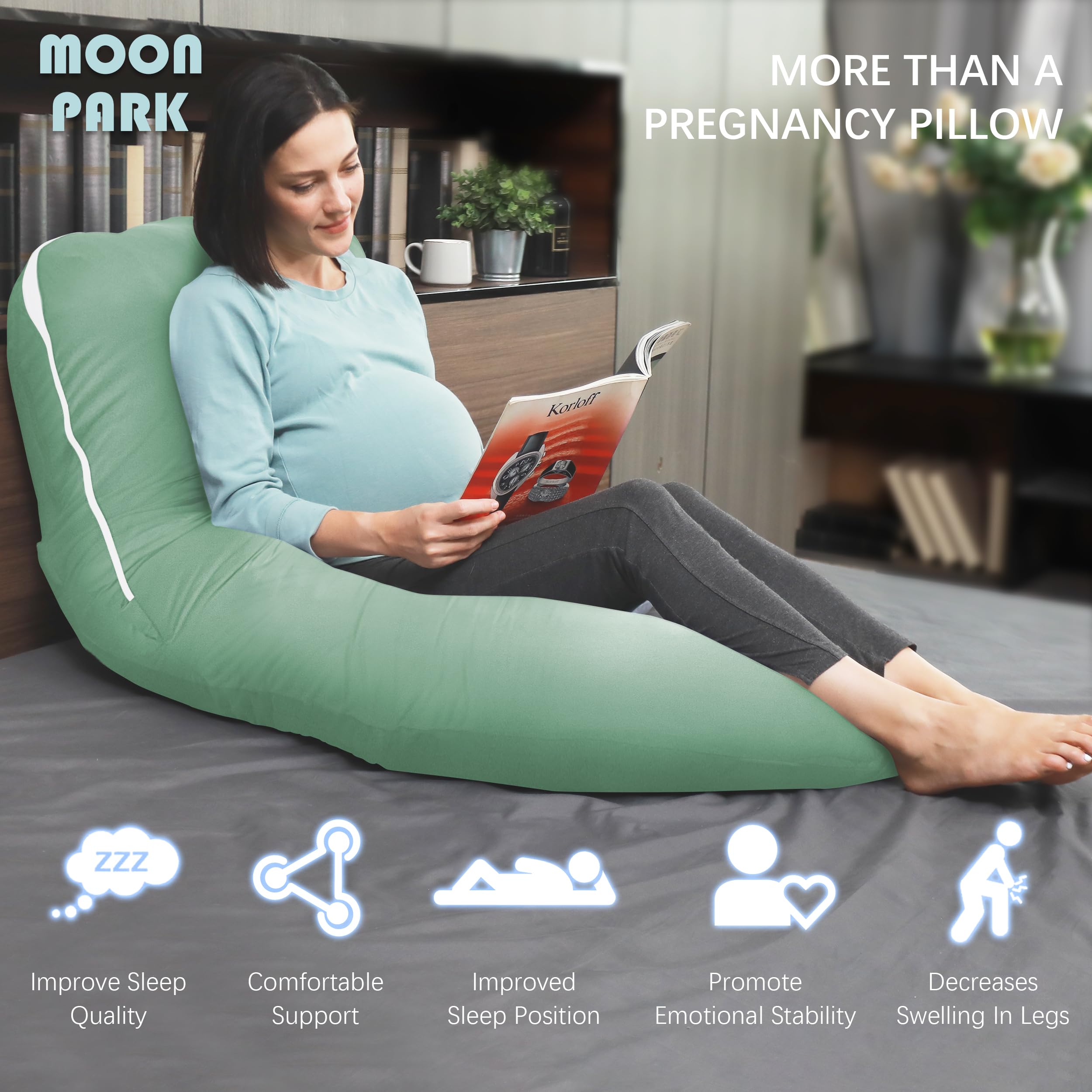 MOON PARK 57-inch pillow supports back and belly for versatile sleeping positions.