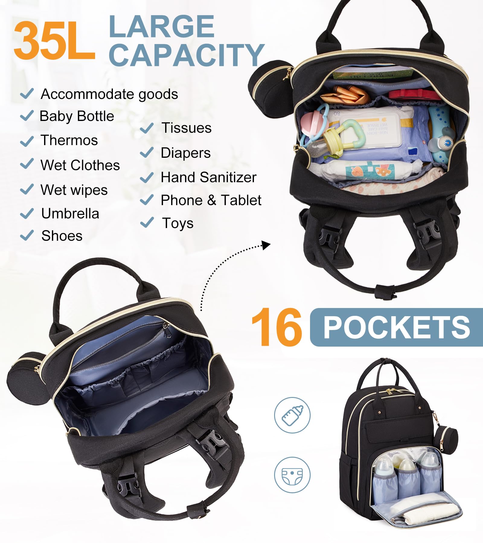 MOONBABY backpack's 16-pocket layout keeps baby gear organized on the go