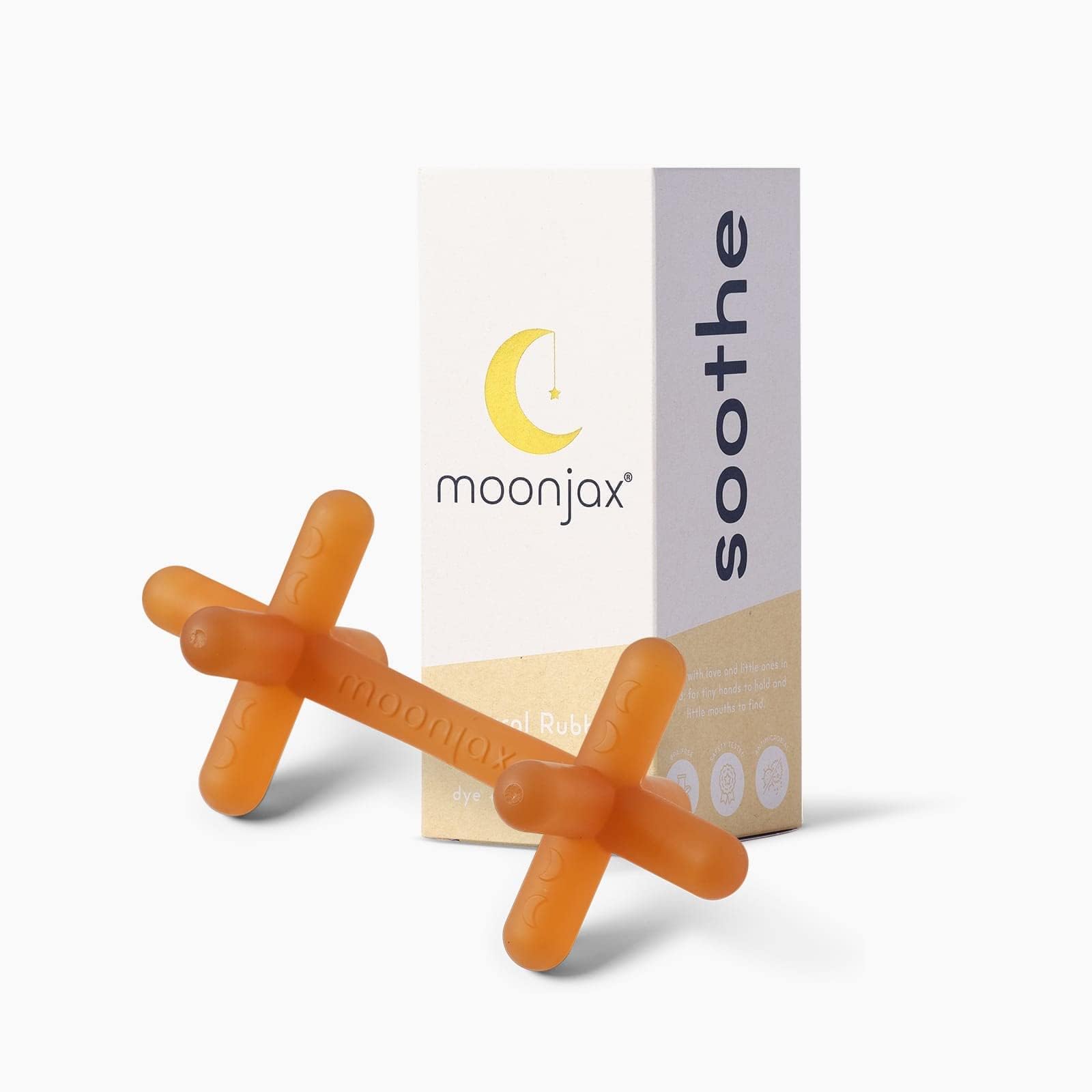 Moonjax baby teether close-up highlighting safe silicone material for gums