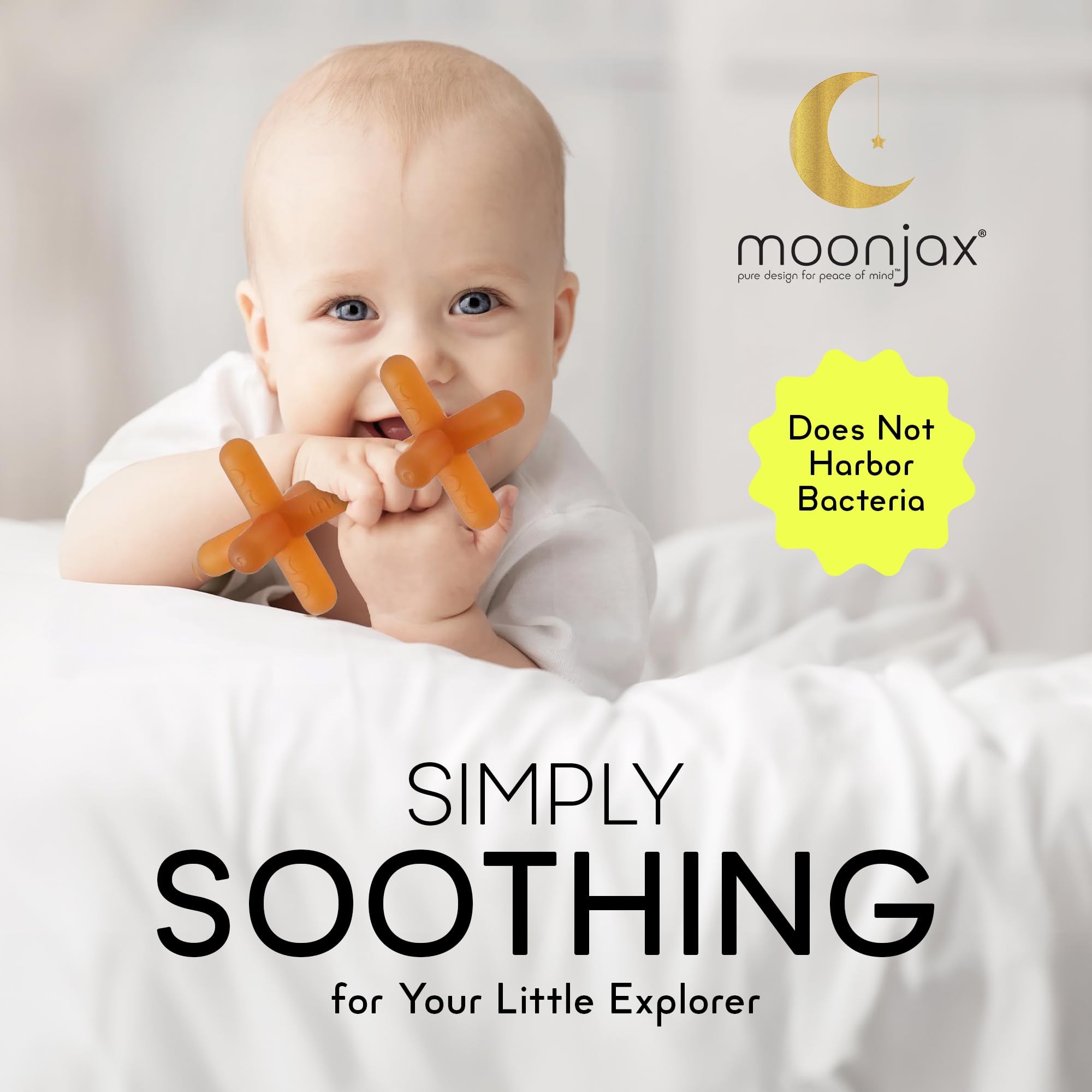 Moonjax teether in hand demonstrates easy grip for infants