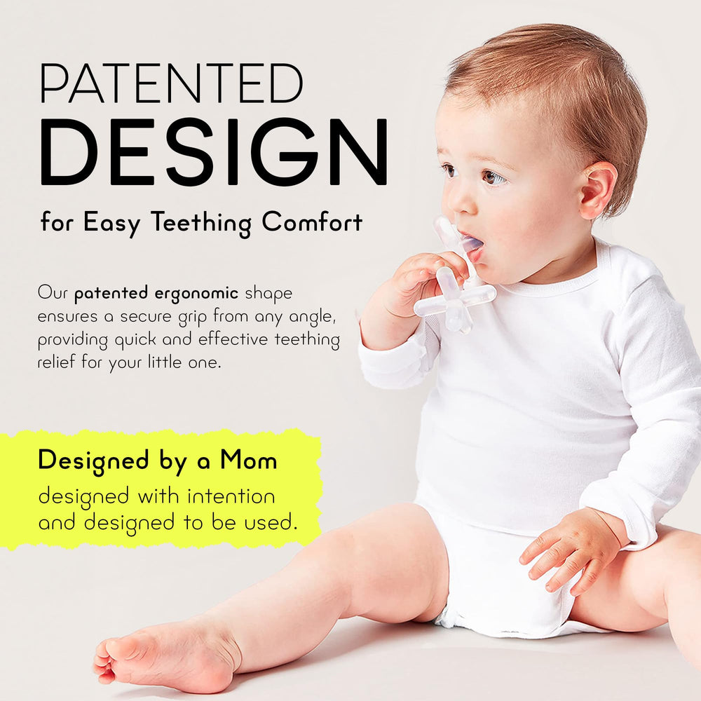 Moonjax teether being cleaned, dishwasher-safe for quick cleaning.