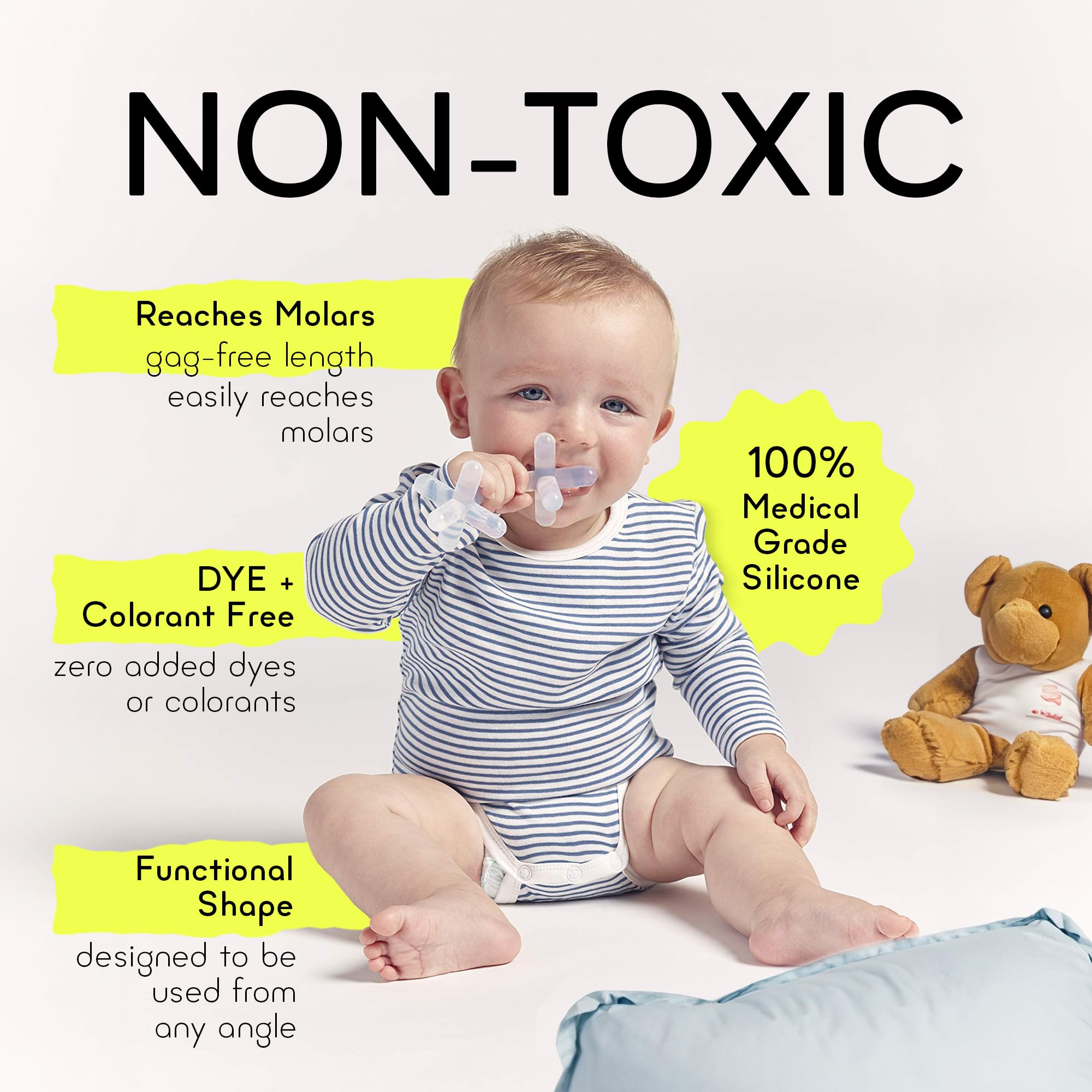 Moonjax teether easy-grip aids babies in holding and exploring during teething.