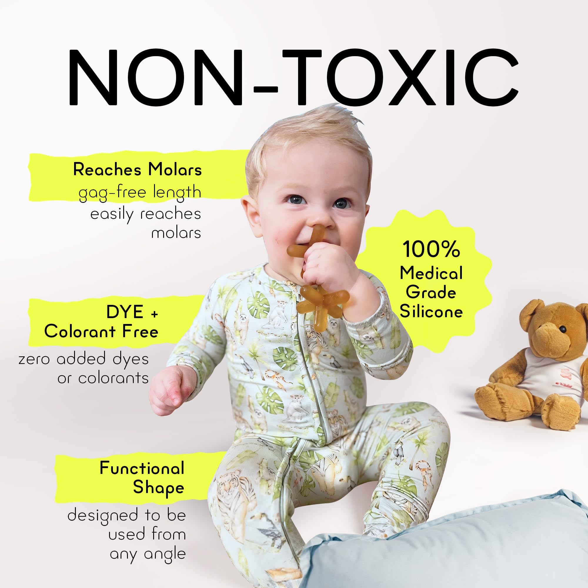 Moonjax teether freezer-safe for cooling relief during teething
