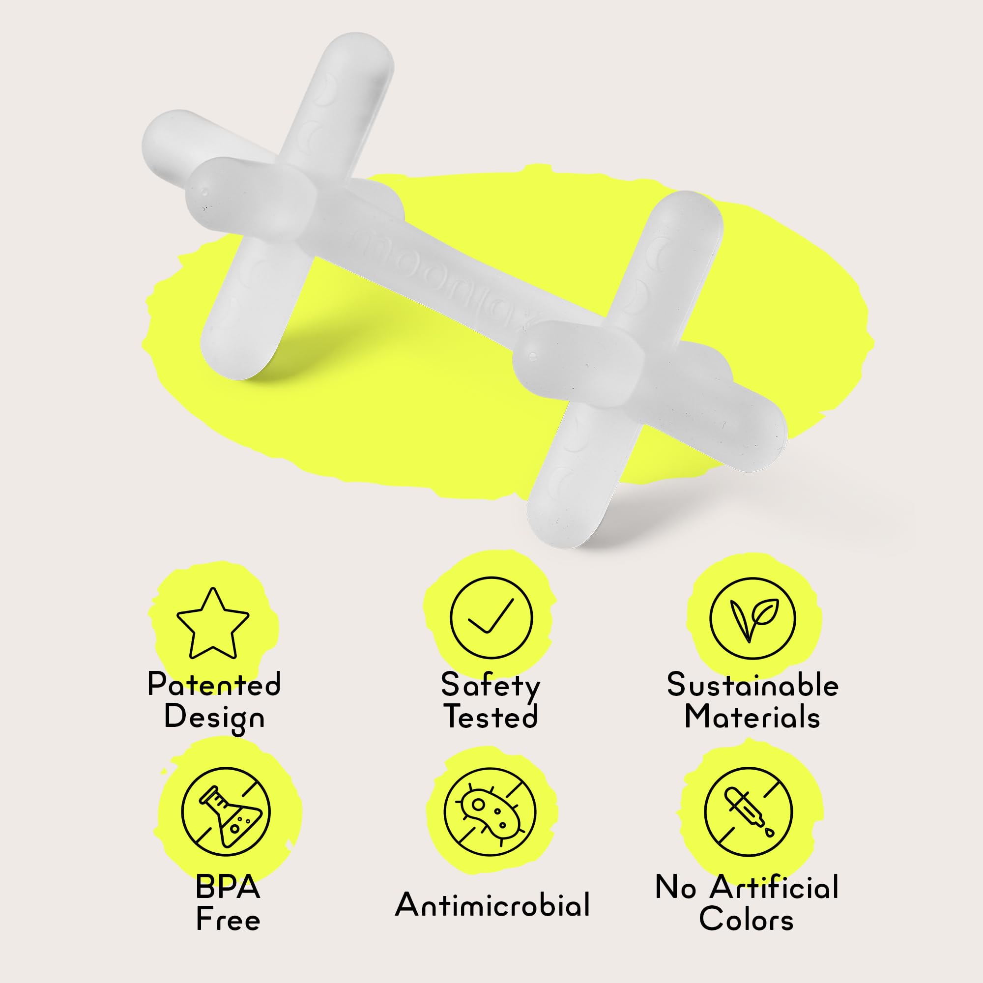 Moonjax teether made with BPA-free silicone ensures safe chewing for babies.