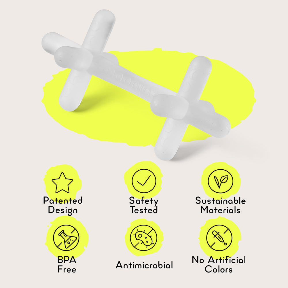 Moonjax teether made with BPA-free silicone ensures safe chewing for babies.