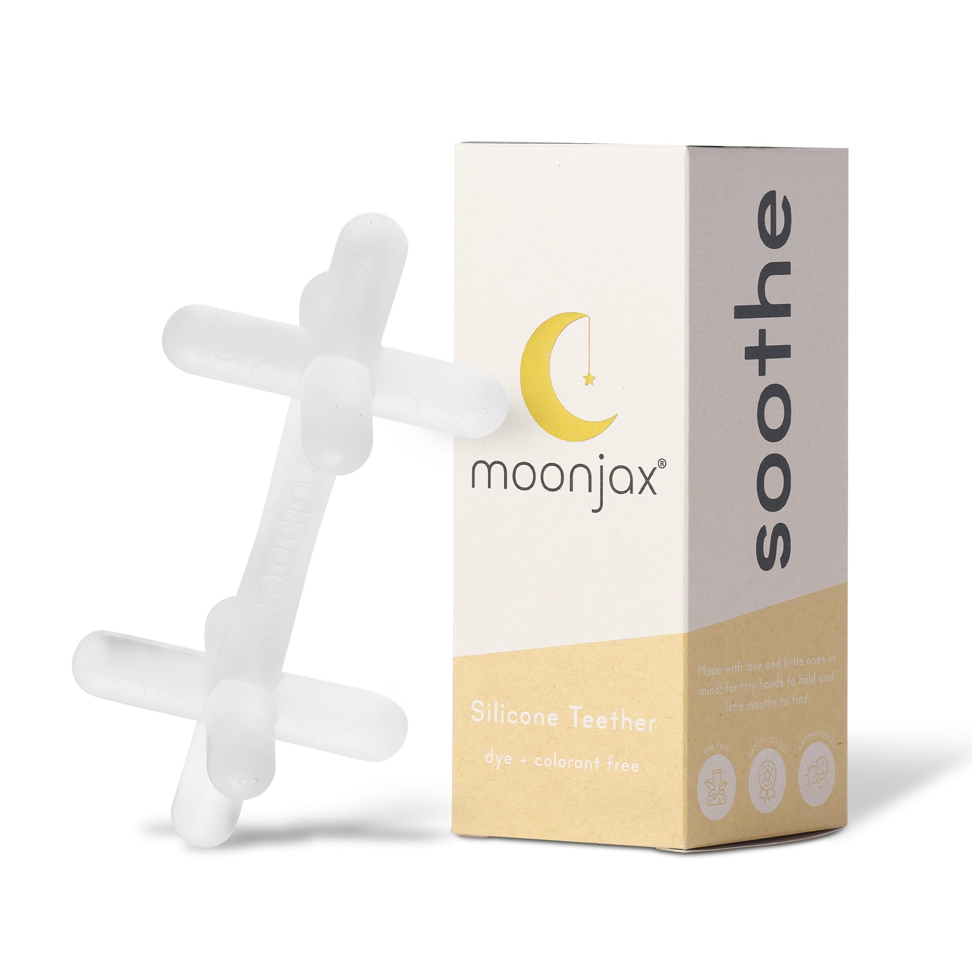 Moonjax teether in infant hands provides gentle gum soothing and safe chewing.
