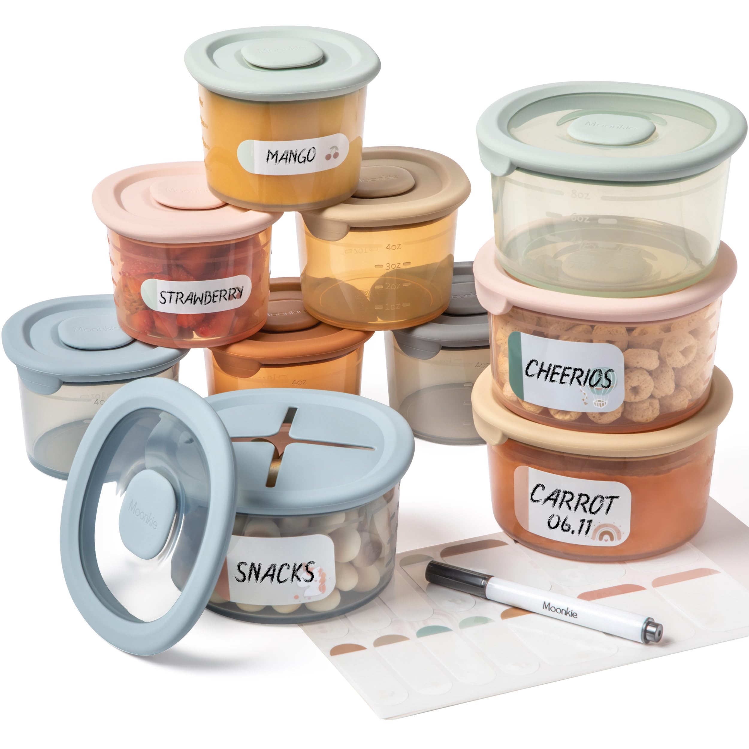 Moonkie silicone baby food containers in pastel colors for easy portioning and labeling.