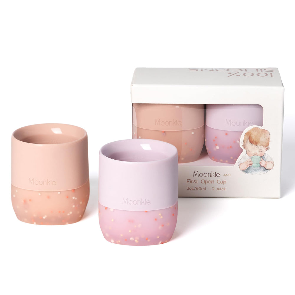 Moonkie silicone baby cups with confetti sprinkles for easy self-feeding and tiny sips