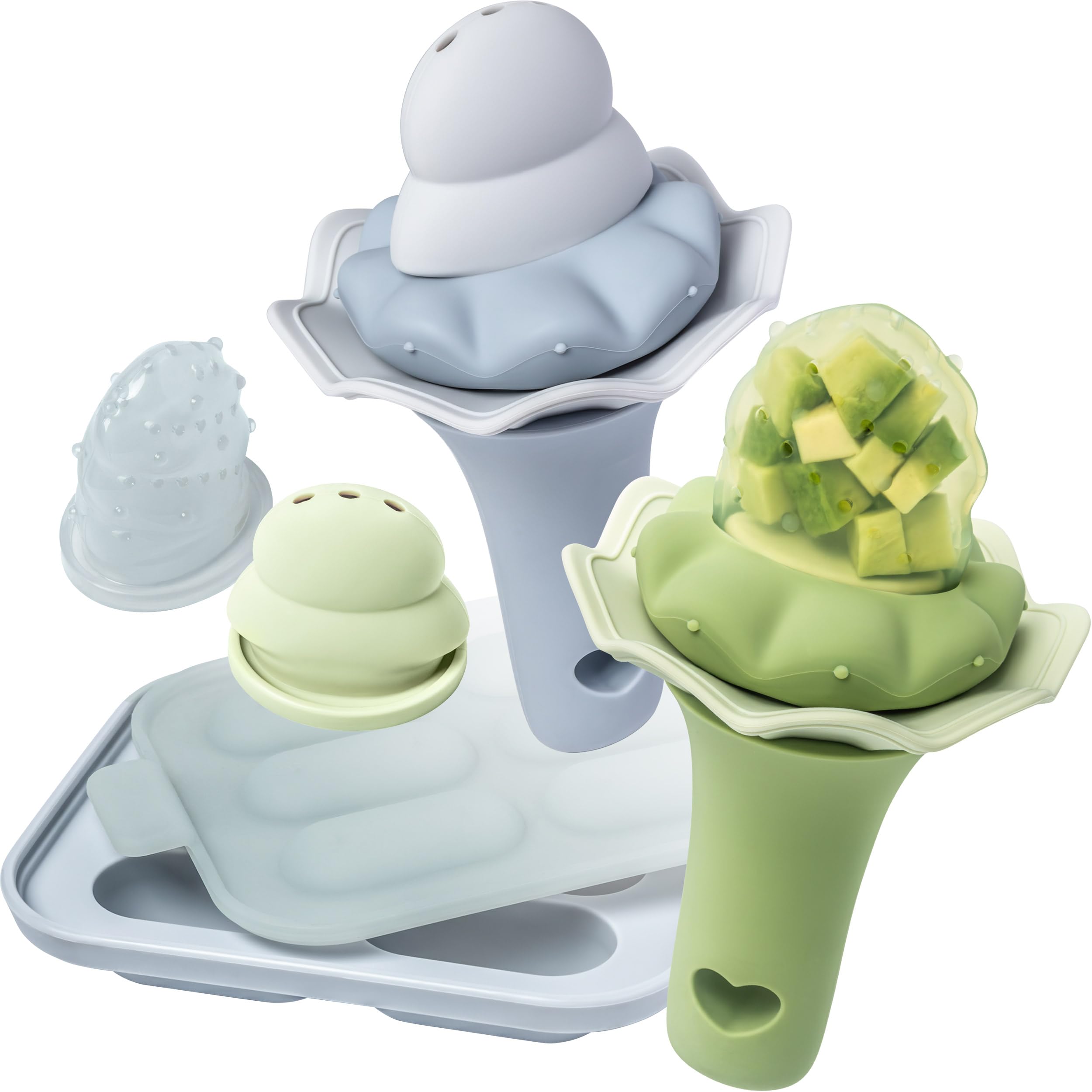 Moonkie baby fruit feeder with two pouches showing narrow-tip flow for safe self-feeding