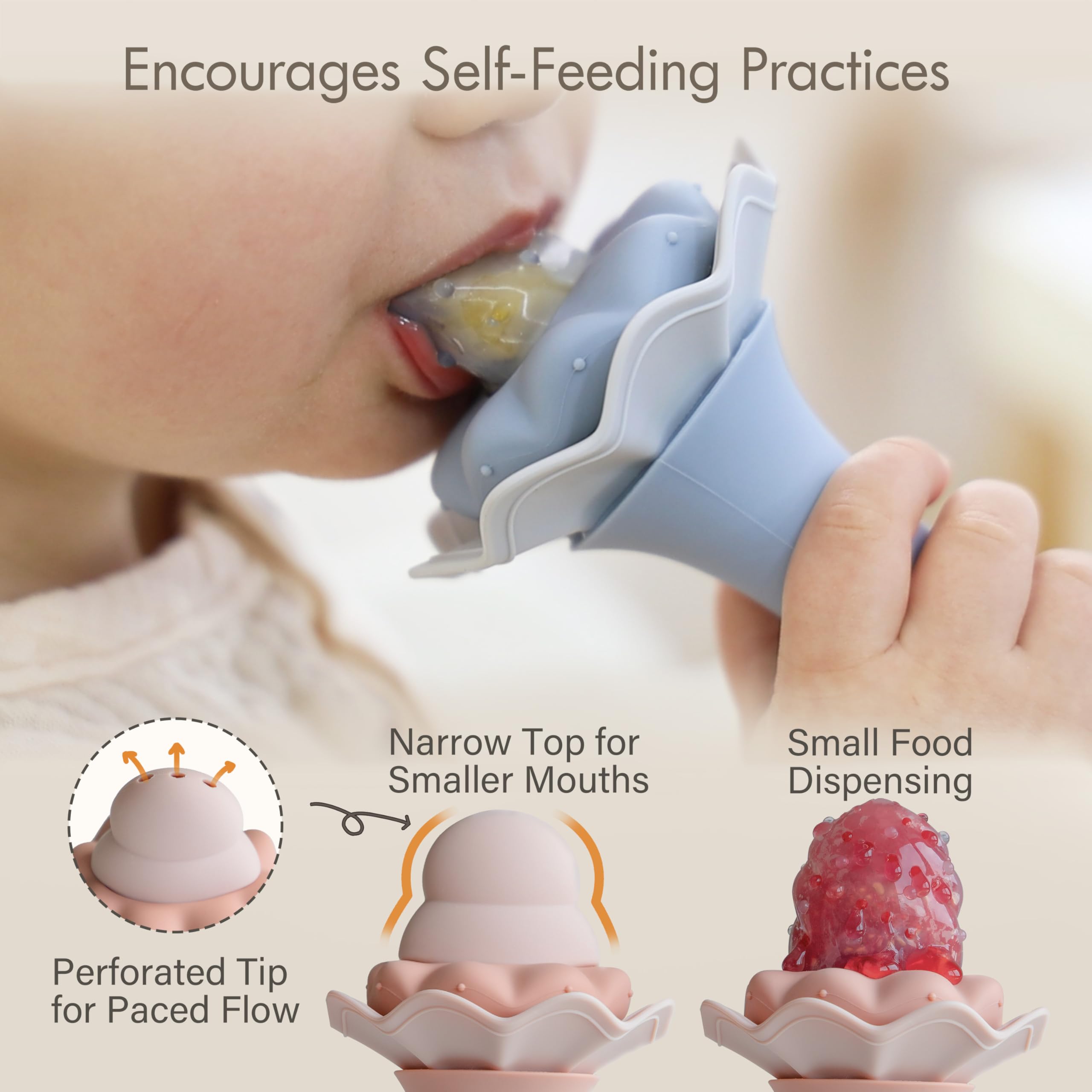 Moonkie feeder shows two pouches for versatile soft solids and smooth flow control.