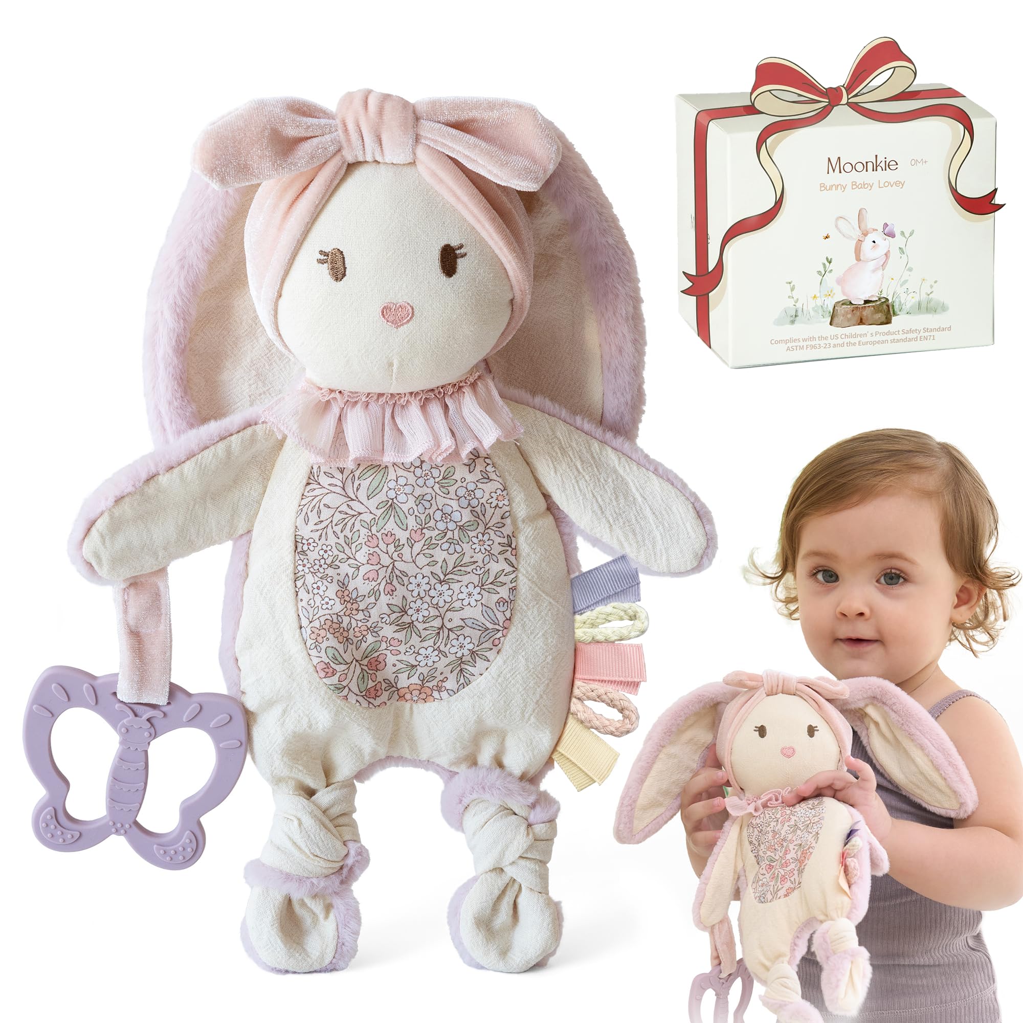 Moonkie bunny lovey with silicone teether provides soothing teething comfort and security.