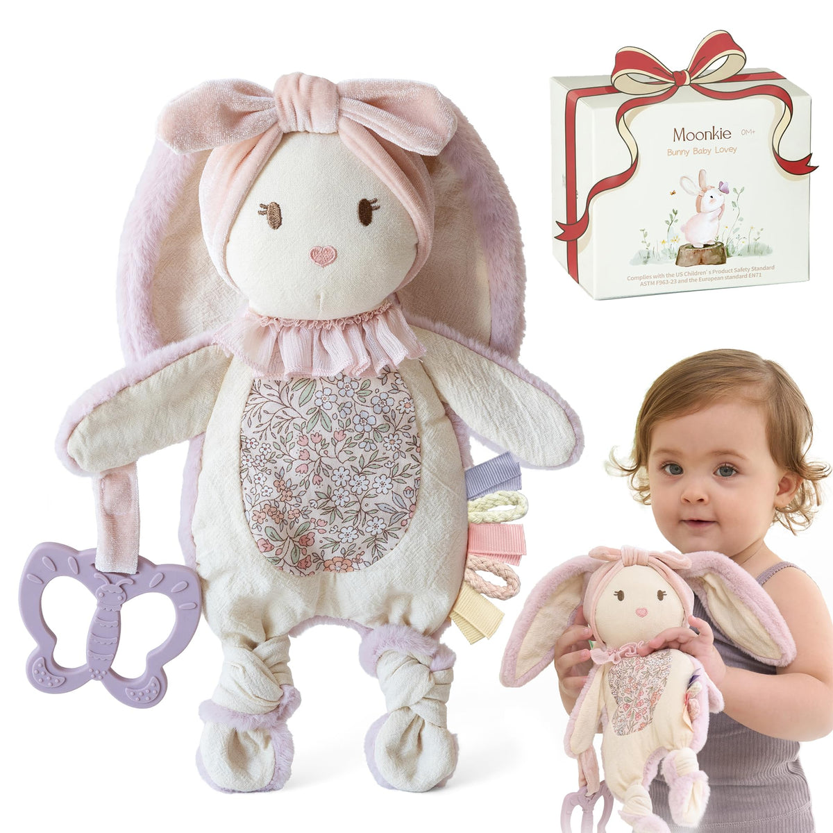Moonkie bunny lovey with silicone teether provides soothing teething comfort and security.