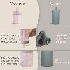 Moonkie Baby see-through silicone cup lets you track liquid level and flow easily.