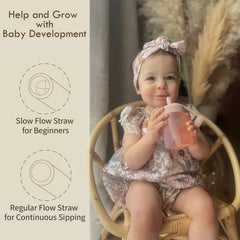 Moonkie Baby Straw Cup silicone straw for gentle sipping by tiny mouths.