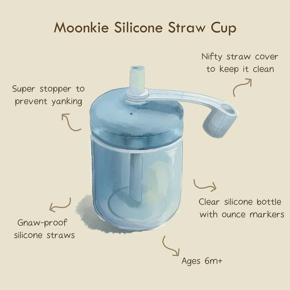 Moonkie Cup features stoppers and covers to keep the straw clean.