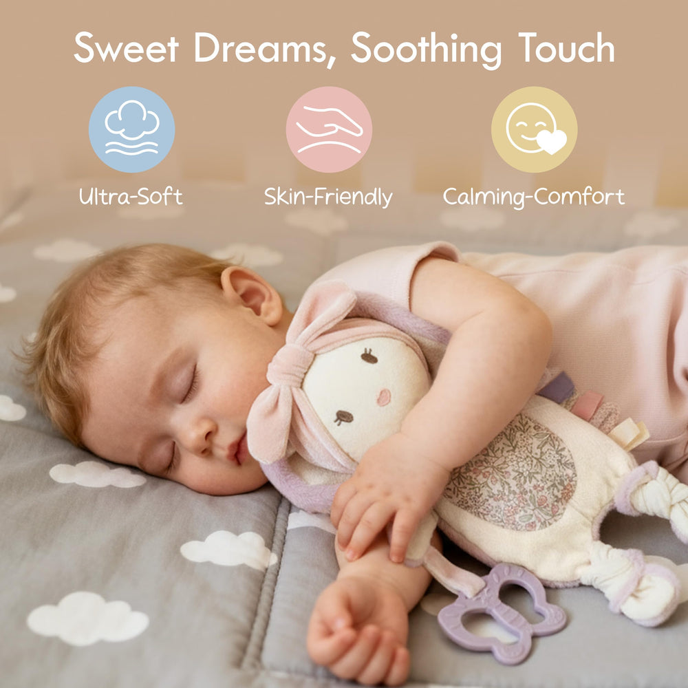 Moonkie bunny security blanket features textured ribbons for tactile exploration.