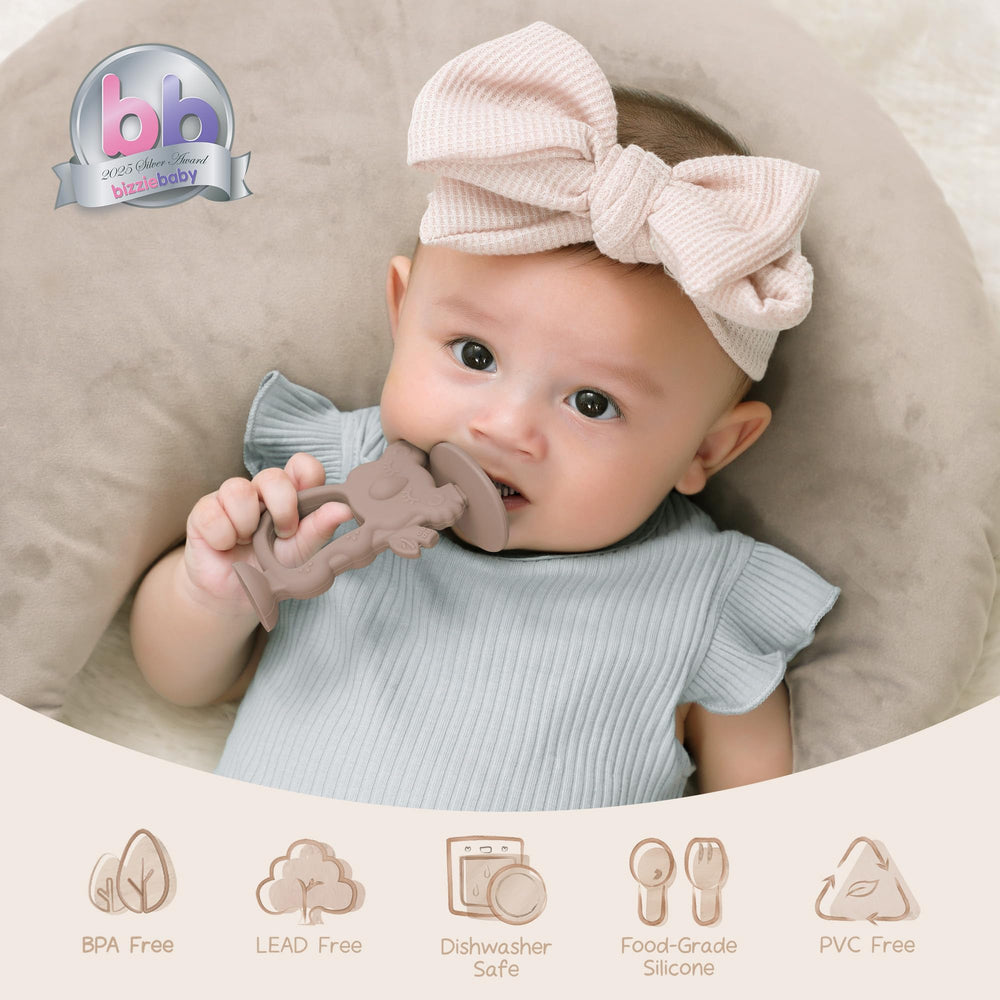 Moonkie Koala Teether with suction base ready for upright, hygienic storage.