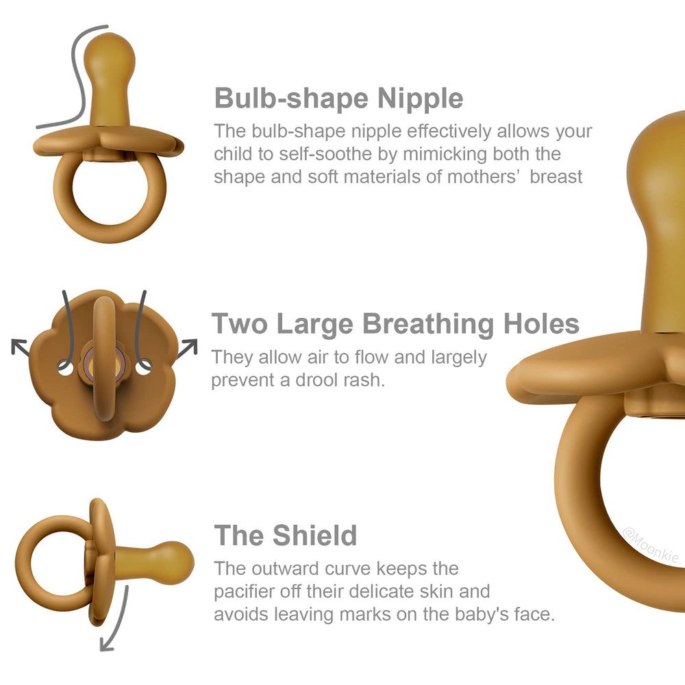 Moonkie one-piece silicone pacifier reduces choking risk with seamless construction.