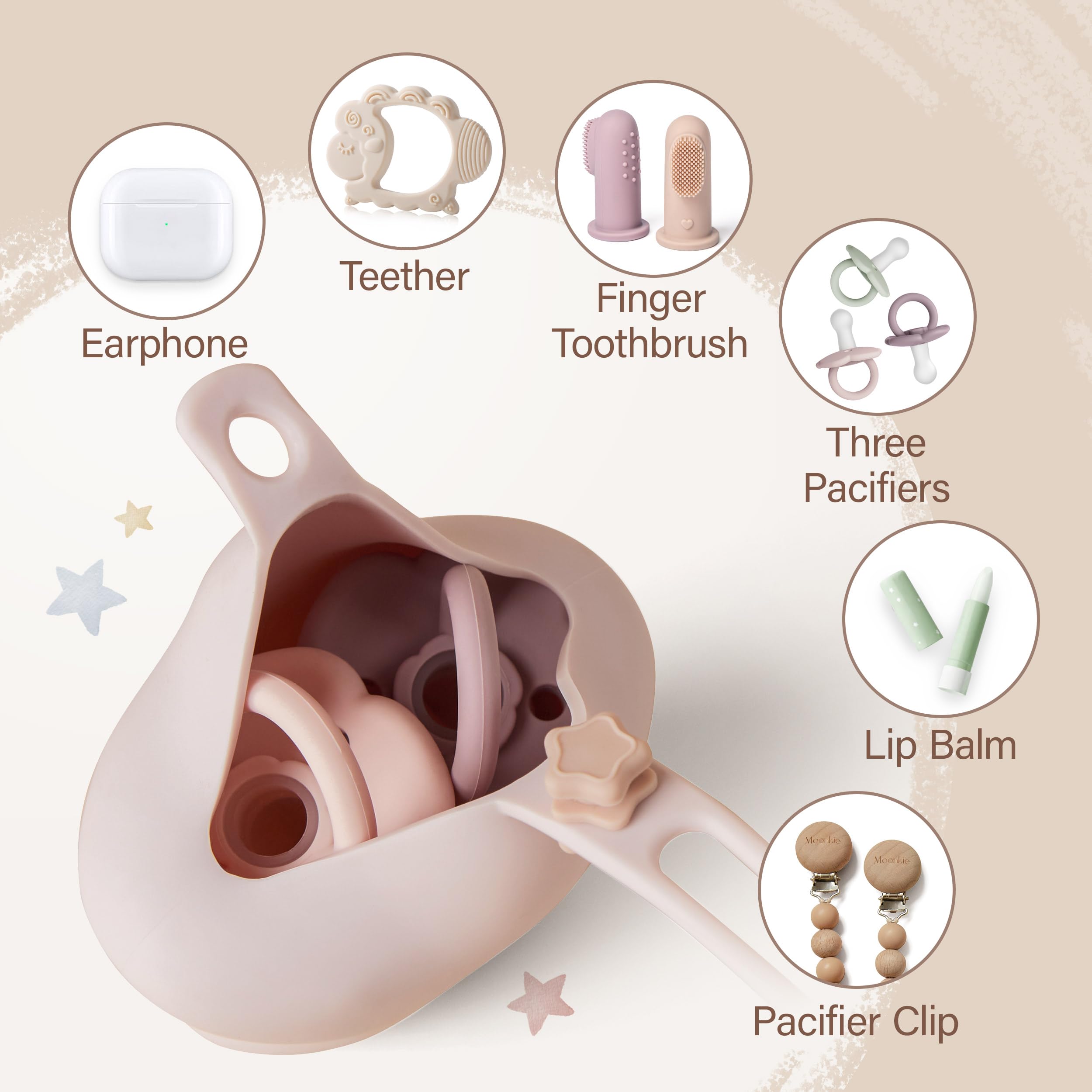 Moonkie pacifier case strapped to a diaper bag for hands-free, ready-to-use comfort.