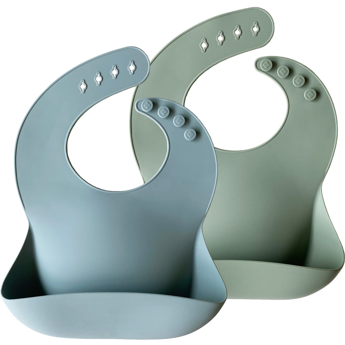 Moonkie silicone baby bib with adjustable neck closure for comfortable feeding.