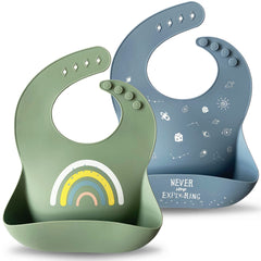 Moonkie silicone bibs Tradewinds Sage 2-pack with wide pocket for mess containment.